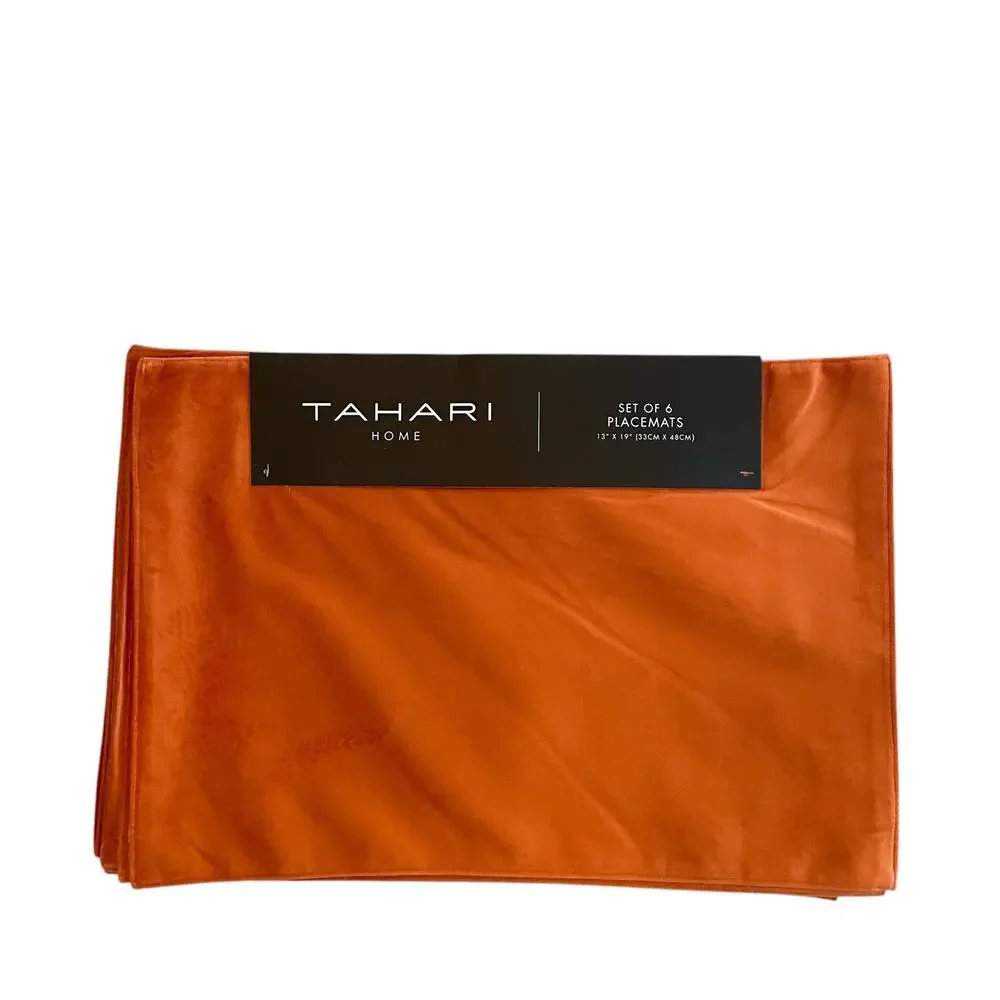 TAHARI Fall Velvet Velour Placemats 6pc 13x19 Orange Rust Autumn Decor New